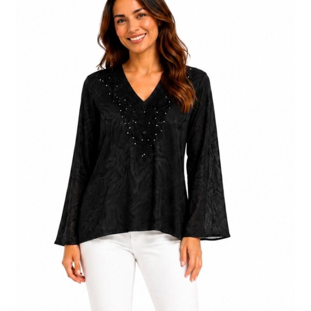 Rapsodia Black Burnout Zebra Tunic Top Embellished Beaded Boho Blouse Medium
